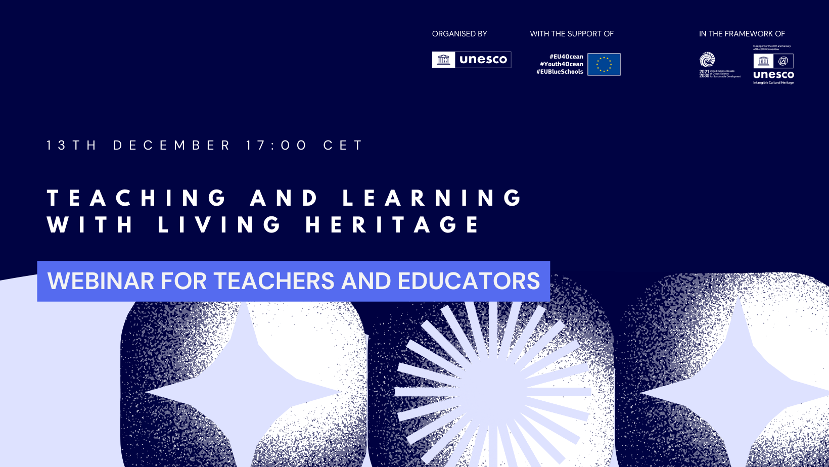 A navy blue banner with the title, date and time of the webinar, as well as logos of UNESCO, EU4Ocean, Youth4Ocean, EUBlueSchools, and Ocean Decade.