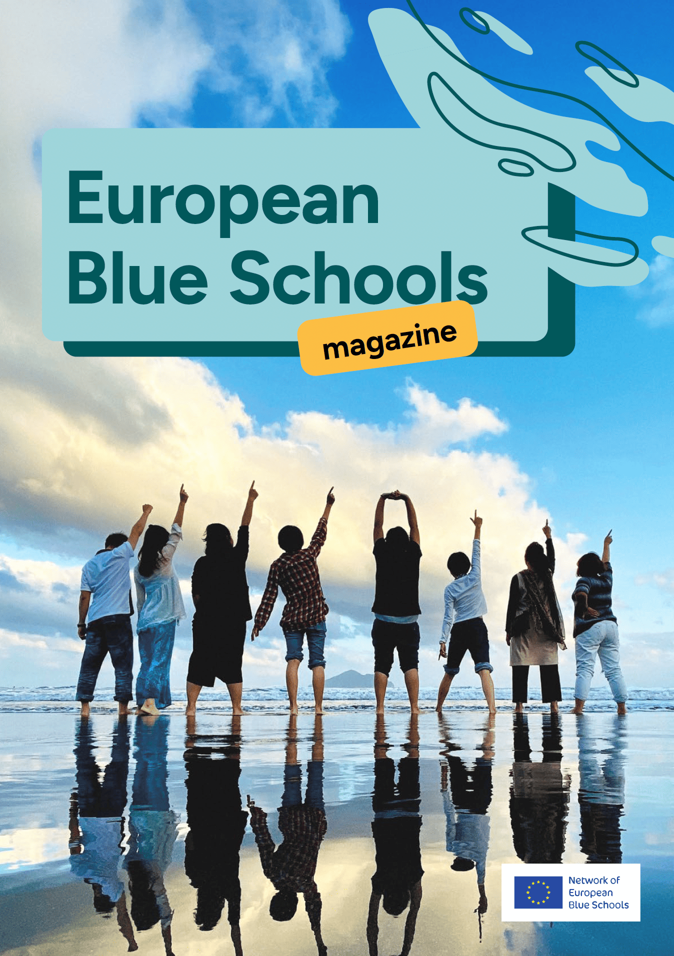 Blue Schools Magazine cover with 8 people on the beach reaching ot the sky